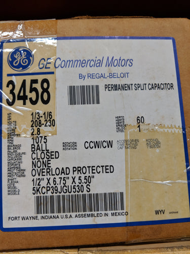 GE 3458, 1/3-1/6 HP, 208-230 Volts, 5KCP39JGU530S