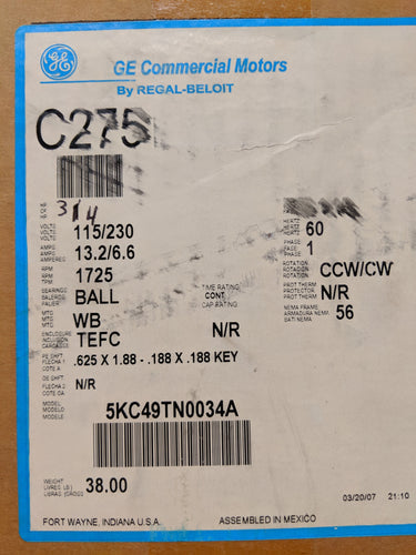 GE C275, 3/4 HP, 115/230 Volts, 5KC49TN0034A