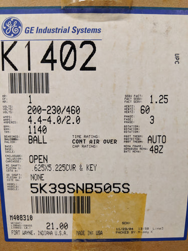 GE K1402, 1 HP, 200-230/460 Volts, 5K39SNB505S