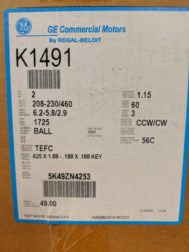 GE K1491, 2 HP, 208-230/460 Volts, 5K49ZN4253