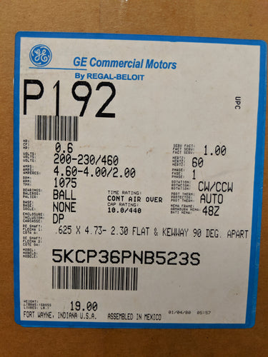 GE P192, .6 HP, 200-230/460 Volts, 5KCP36PNB523S