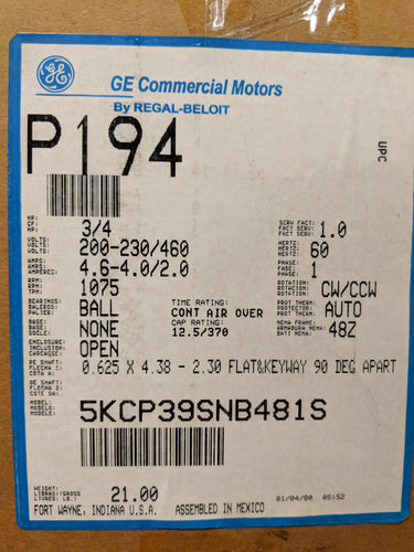 GE P194, 3/4 HP, 200-230/460 Volts, 5KCP39SNB481S