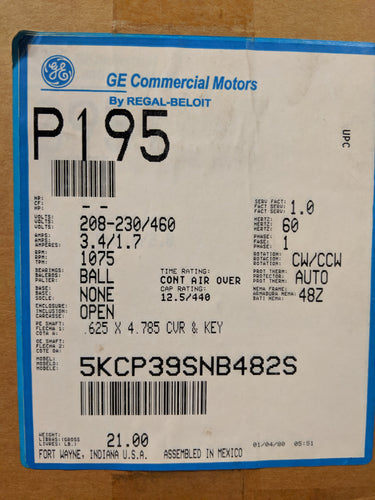 GE P195, -- HP, 208-230/460 Volts, 5KCP39SNB482S