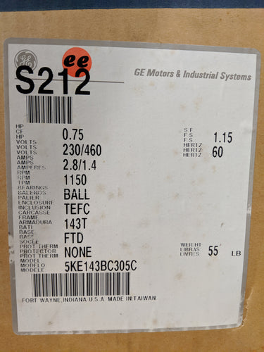 GE S212, .75 HP, 230/460 Volts, 5KE143BC305C